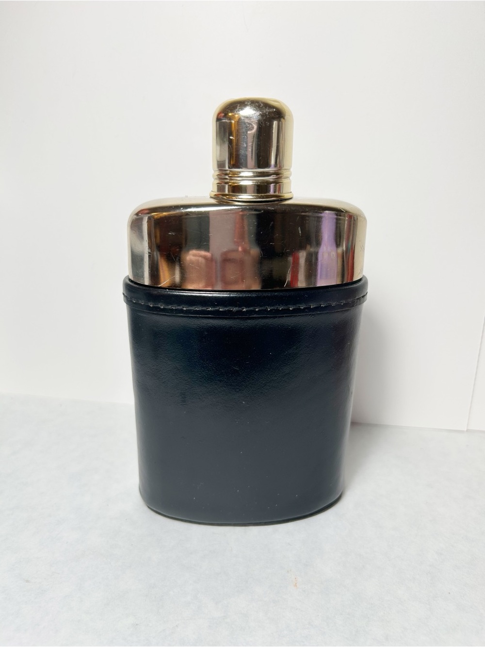 Highland Cowhide Black Leather Wrapped Gold Hip Flask, Vintage Style